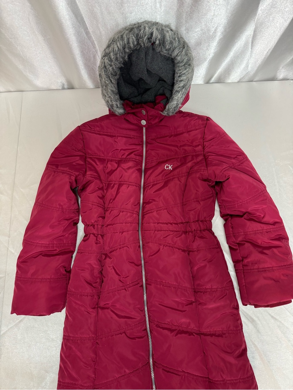 Calvin Klein Girls' Ariel Sangria Hooded Puffer Coat with Gray Faux Fur Trim